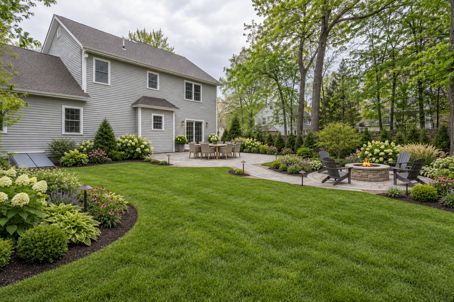 Backyard transformed with landscaping and an outdoor living area